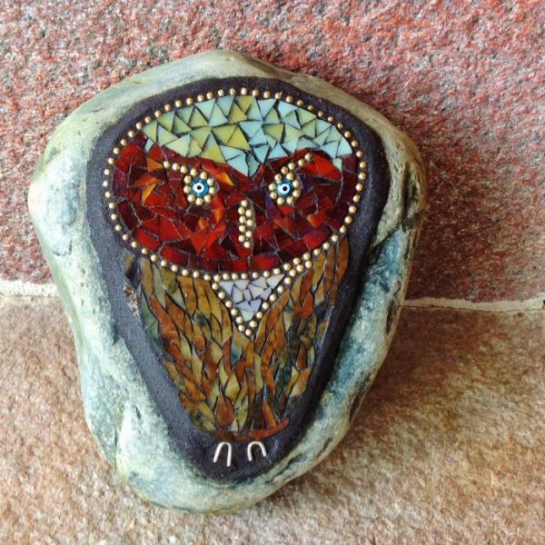 Rock Owl in Mosaics at Windy Sea Designs